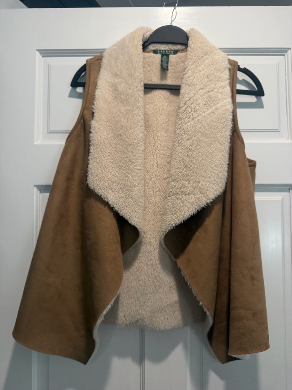 Ralph Lauren Tan Faux-Suede Vest with Cream Sherpa Collar